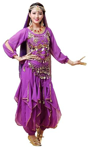 Hibasing 4 Stück Orientalische Indische Tanz Arabische Prinzessin Kleidung Outfit Frauen Glänzende Tops + Hosen Bollywood Cosplay Set Bauchtanz Tanzkleidung