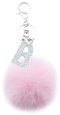 Xsclpomddy Pom Pom rosa. Schlüsselbund künstliche weiche Kaninchenhaar Taschenanhänger Ball Schlüsselanhänger mit Buchstabe A-Z für Handtasche Dekoration