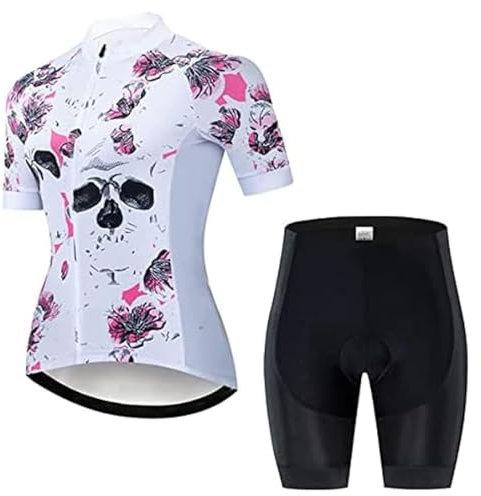 Radtrikot-Set für Damen, kurzärmelig mit Fahrrädern + gepolsterte Shorts 9D, Fahrradbekleidung für das Fahrrad, feuchtigkeitsbeständig, atmungsaktiv, A-04, 50