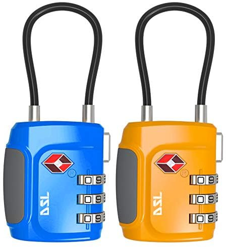 DSL TSA Approved 3 Digit Combination Luggage Lock, Pack of 2 | Flexible Cable Design Fits Suitcase, Backpacks and Holdalls