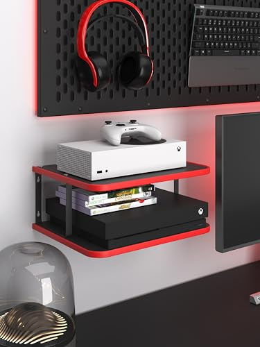 AREAJD 2-Shelf Floating Wall Mount for Xbox One S/X Series S, Projector, Cable Box, Contemporary Style, Space Saving, Easy Wall-Mount Installation, Black/Red