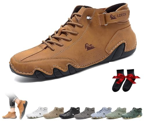 Män Handgjorda Slip-On Höga Stövlar Utomhus All-terräng Minimalistiska Beck Skor Andas Halkfria Casual Barfota Skor for Promenad Vandring Körning Chukka Boots(Brown,47 EU)