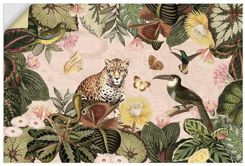 ARTland Wanddeko Wandtattoo selbstklebende Vinylfolie 60x40 cm Tiere exotische Pflanzen Blumen Leopard Tukan Dschungel Vintage U5HB