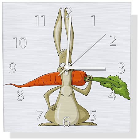 Wallario Design Wanduhr Lustiger Hase mit Möhre im Comic Stil aus Aluverbund, Alu-Uhr Größe 30 x 30 cm, weiße Zeiger mit Metalloptik
