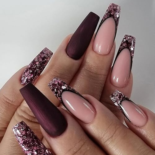24 Stück French Press on Nails Lange Coffin, Glitzer Rosa Nägel zum Aufkleben Französisch Falsche Nägel, Glänzend Vollabdeckung Künstliche Fingernägel Acryl Kunstnägel für Frauen und Mädchen