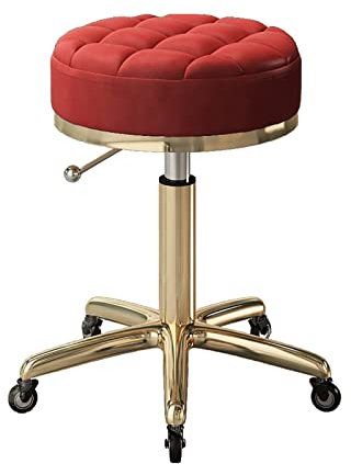 HHOZsafety Rollhocker Drehbarer Salon-Schönheitsstuhl Verstellbarer Friseurstuhl Rundes Lederkissen Mit Rädern Und Goldfarbener Edelstahlbasis Für Spa-Arbeitsbür