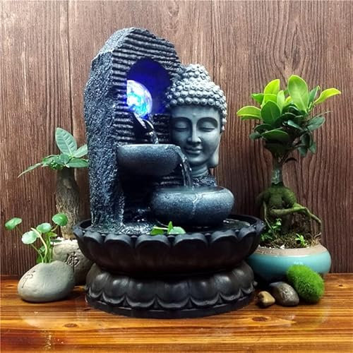 CWCQGH Lucky Desktop Fountain Waterfall Resin Buddhist Statue Water Flowing Rockery Fountain Garden Micro Landscape Decor Led Light Ball Good Luck Ornament Zen Meditation Waterfall
