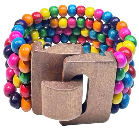 HOKPLITE Brazalete ancho de varias capas, pulsera elástica retro con cuentas de semillas para mujer, Talla única, Madera, No es una piedra preciosa