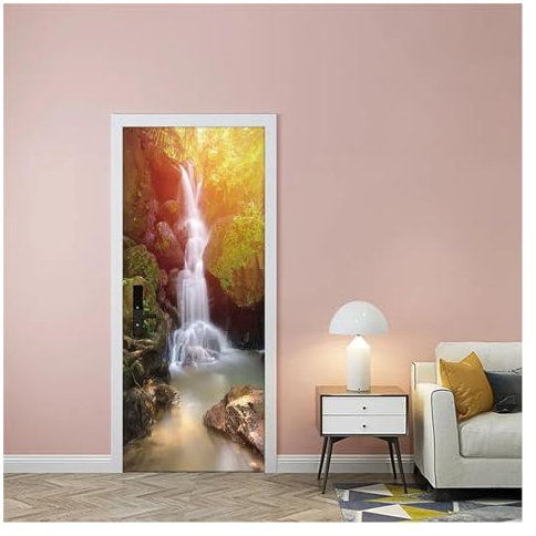 Türaufkleber Türtapete Türbilder Türposter Wasserfall-Landschaft, DIY-Türaufkleber, Heimdekoration, Wandaufkleber, Wohnzimmer, Kunstwandbild, Abziehen Und Aufkleben(77 cm x 200cm)