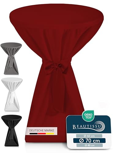 Beautissu Premium Stehtischhusse Blickdicht mit Schleifenband für Stehtisch | Ø70-75cm Bordeaux rutschfest Bügelfrei 40°C Waschbar Stehtischüberzug für Bistrotisch Bartisch Gastronomie Husse Premium L