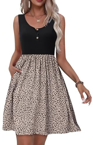 Tanmolo Kleid Damen Sommer Knielang Freizeitkleider Knopf Tank Kleid Mit Taschen Elastic Dress (Schwarz-Kleiner Leopard L)