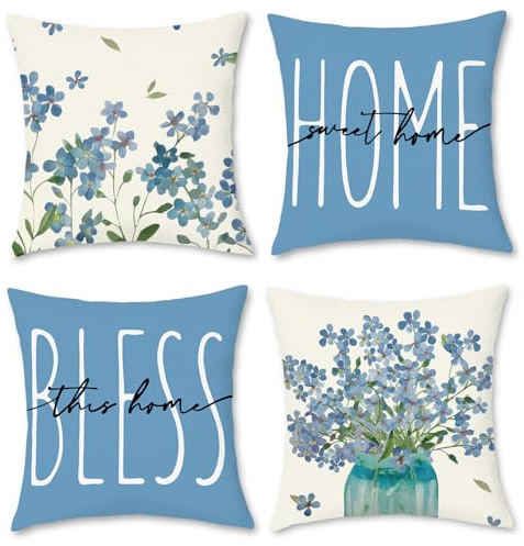 Hopomoon Blumen Kissenbezug 40x40 4er Set Kissenhülle Leinen Sofakissen Moderne Floral und Botanisch Dekokissen für Sofa Schlafzimmer Couch Outdoor Kissenbezüge 40x40 Blau