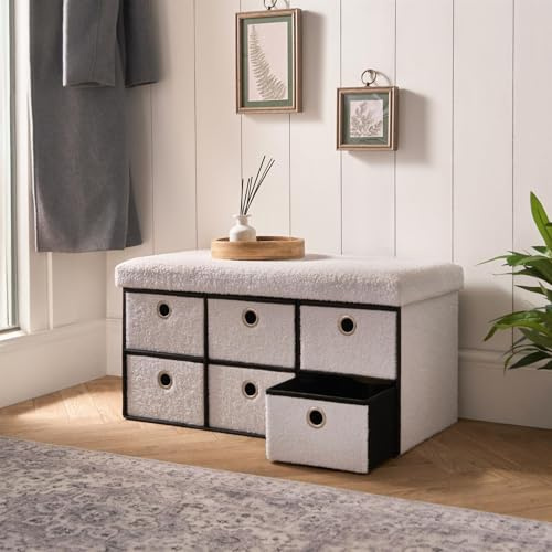 OHS 6 Cube Drawer Storage Chest of Drawers, White Boucle Foldable Fabric Storage Box with Metal Handle Soft Fleece Organizer Storage Unit For Shelves Closet Bedroom