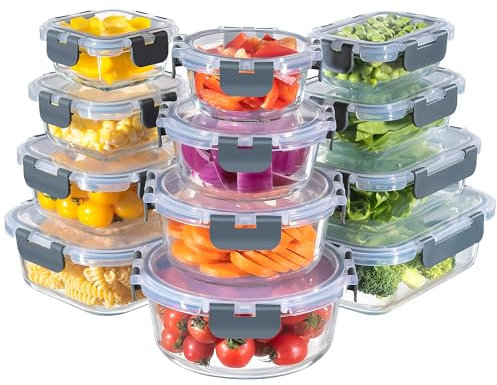 MFY 12-Pack Glass Containers with Lids, Reusable Meal Prep Containers, Leak-Proof, Airtight Glass Food Storage Containers with Lids, Safe for Microwave, Oven, Freezer, and Dishwasher Gray