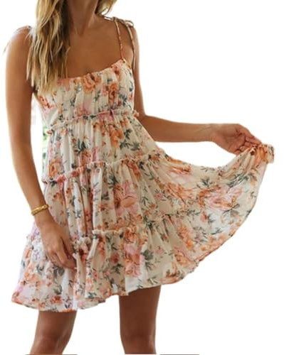 Vestido de verano 2025, estilo bohemio, con tirantes delgados, sin mangas, con volantes, vestido de playa, mini vestido floral para mujer, Blanco-a, M
