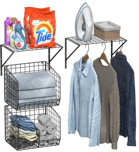 2 Pack Laundry Room Shelves with Wire Baskets, Over the Washer and Dryer Shelf, Wall Mounted Storage and Clothes Drying Rack, Wire Shelves Baskets for Laundry Closet Organization and Storage-Black