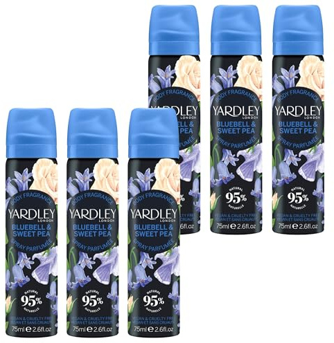 Yardley London Bluebell Sweetpea Body Spray, Floral Mist, 6x 75ml | Floral Body Mist with Notes of Citrus and Bergamot, 95% Natural Ingredients, Vegan and Cruelty Free, UK Made