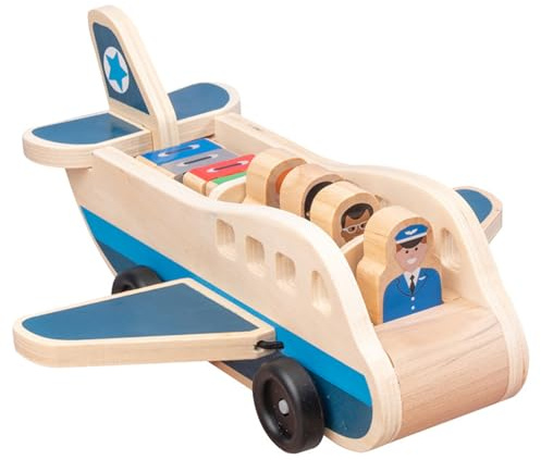 Hölzerne Passagierflugzeugset, Spielzeugflugzeug mit 4 Spielfiguren und 4 Koffer für Kleinkinder, klassisches Holzspielzeug für Rollenspiel und Spielzeugflugzeugflugzeugflugzeugflugzeug für Kleinkind