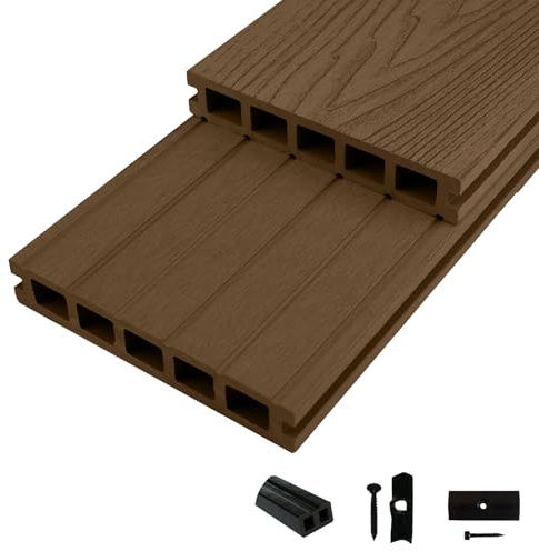 Woodstore24 WoodoMykonos Komplettset 2,4 m - Braun - Terrassendiele - 5-Kammer System - Rutsch- & Wetterfest - Breite: 145 mm, Stärke: 25 mm - 13 m²