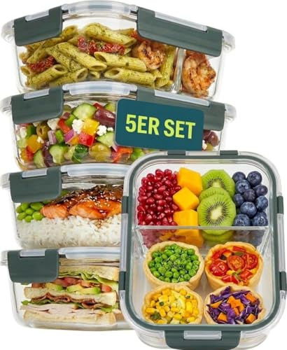 uandu Glasbehälter mit Deckel 10-teilig – Meal Prep Boxen Glas 2 Fächer | 5 Behälter + 5 Deckel, 950 ml, Borosilikatglas, Auslaufsichere Frischhaltedosen, Mikrowellengeeignet, Gefriergeeignet