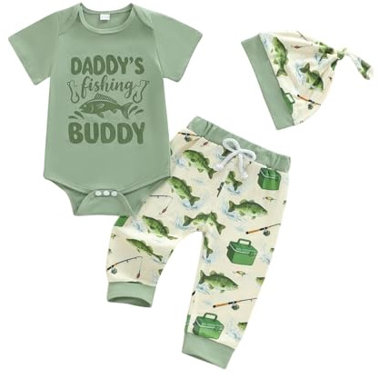 Santikisler Newborn Baby Boy Fishing Outfit Fish Letter print Short Sleeve Romper Jumpsuit and Pants Hat 3Pcs Clothes (Light Green, 3-6 Months)