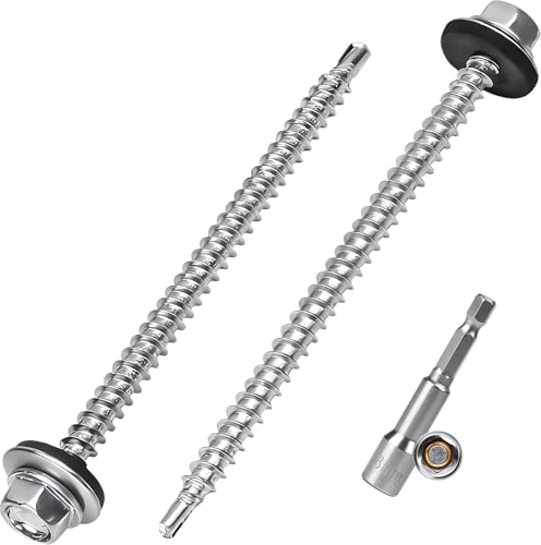 FALSKT 50 Pièces Vis Autoforeuse Metal avec Rondelle d'étanchéité 4,8 x 80 mm Vis Autoperceuse à Tête Hexagonale avec Douille Magnétique pour Metal Bac Acier Toiture
