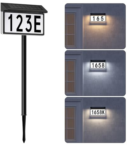 Solar Address Sign, Solar Lighted House Numbers for Outside, 3 Colors Waterproof Illuminated House Number Plaque With Stake, Wall Mounted or In Ground Solar Address Numbers for Yard Garden Street Home (Black, 1 Pack)