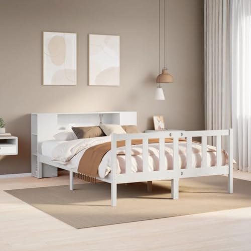 Qnhdfrt Massivholzbett Kiefer Weiß mit Regal 135x190 cm ohne Matratze Robustes Einzelbettgestell mit Lattenrost und Stauraum Kopfteil platzsparend für Schlafzimmer Jugendzimmer