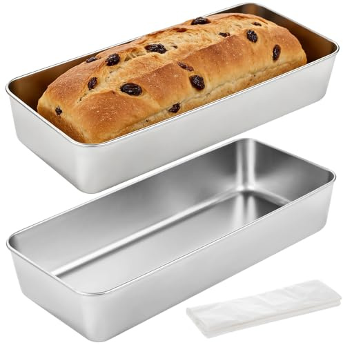Skdqiee 2 Pcs Loaf Tins, 32.5x15x6 cm Stainless Steel Loaf Pans with 20 Baking Papers, Deep Cake and Bread Baking Pans, Rectangle Trays for Banana Bread, Meatloaf, Toast, Lasagna