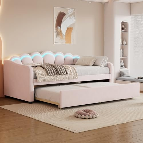 HaoChrymec Sofá Cama Daybed de Terciopelo con Cama Deslizante e Iluminación LED RGB, Cama Individual Convertible con Mando a Distancia, Ideal para Dormitorio y Apartamento, Rosa, 90 x 200 cm