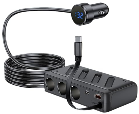 Hoembpn 142W Zigarettenanzünder Verteiler, PD USB Auto KFZ Ladegerät Adapter mit 3 Steckdose und Einziehbarem Typ-C Kabel, 12V/24V Stecker Splitter mit LED Voltmeter und Schalter, für GPS Kamera