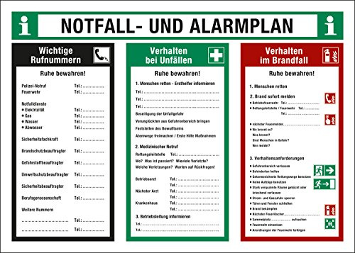 Notfall- und Alarmplan Schild 700 x 500 mm, Brandschutzzeichen, Hart-PVC Betriebsaushang, ein- oder beidseitig, Verhalten bei Unfällen und Brandfall, Sicherheitskennzeichnung nach DIN EN ISO 7010