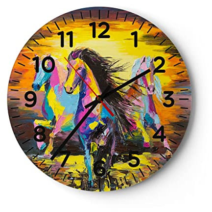 Modern Wanduhr Pferd Natur Tier 30x30cm Rund Klein Wand Uhr Glas Analog Zimmeruhren Küche Büro Wohnzimmer Glasuhr Wall Clock Dekoration Design Wanddekoration Küchenuhr C4AR30x30-3433
