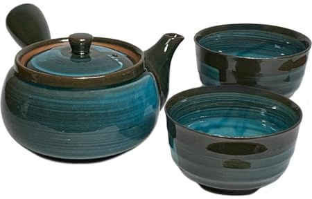 Mino Ware Japanische Kyusu Teekanne Yunomi Set Smaragd-Linienmuster auf Waldgrün