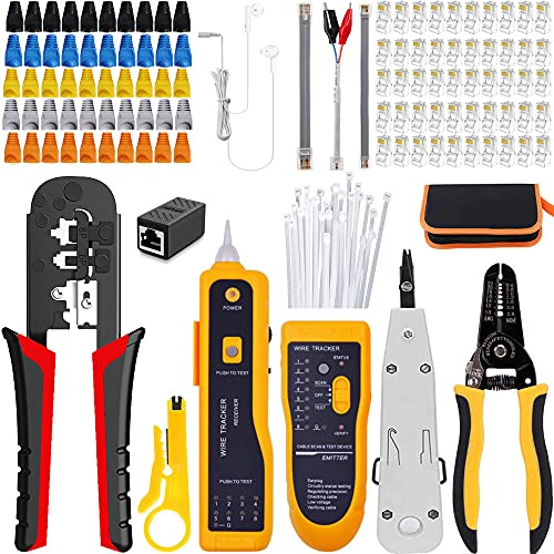 LEATBUY RJ45 Crimp Tool Kit CAT5 Crimper CAT6 RJ45 Crimping Tool Set, 50PCS Connectors, 50PCS Covers, Network Ethernet Cable Tester, Wire Punch Down Cutter Plier(Black)