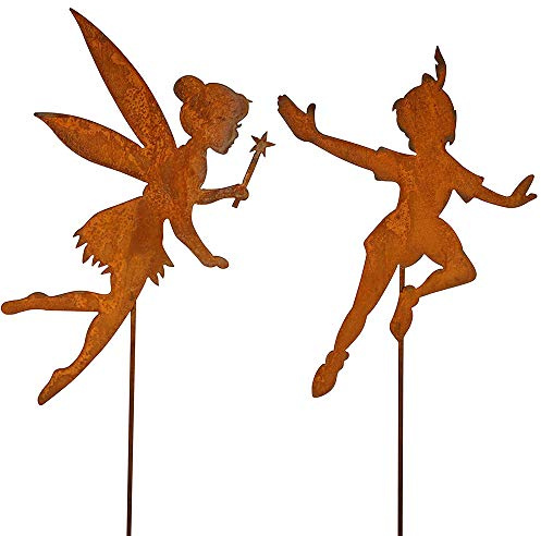 Gartenstecker wie Tinkerbell Metall Rost Gartendeko Edelrost rostiger Beetstecker 60cm (Tinkerbell + Peterpan 60cm)