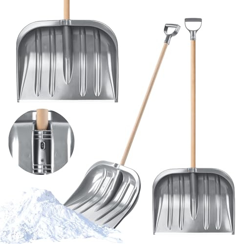 KADAX Pelle à Neige avec Poignée Ergonomique, Largeur de la Lame : 49 cm, Lame en Plastique, Idéale pour Petites et Grandes Quantités de Neige (Manche en Bois, Argent)