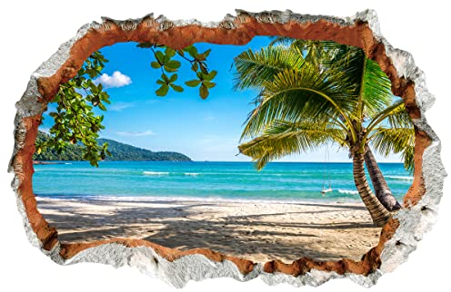WandSticker4U®- 3D Wandtattoo BLICK AUFS MEER I Wandbild: 90x60 cm I Wandsticker Strand Palme Insel Poster I Wand Durchbruch Deko für Wohnzimmer Schlafzimmer Küche Flur Bad Aufkleber