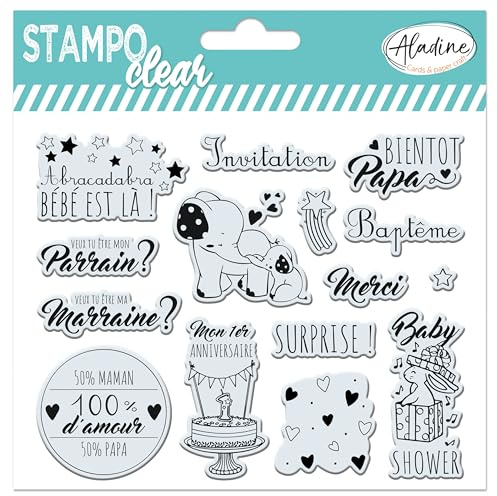 Aladine - Stampo Clear Bébé – 15 transparente Stempel für Scrapbooking, Karten, kreative Hobbys – Einladung, Paten, Paten, Ankündigung, Einladungen zur Taufe, Babyparty, Geburtstag – 04240