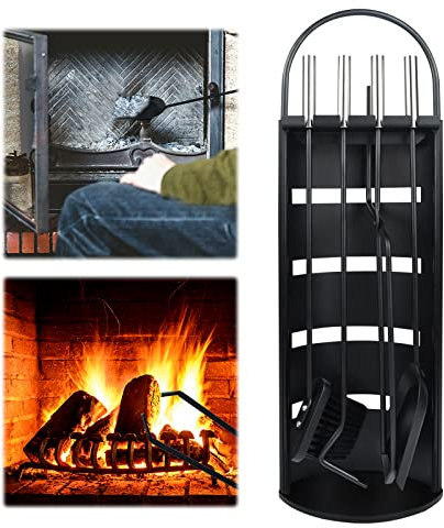 LARS360 Accessori per Camino Kit Camino da 5 Pezzi, in Acciaio Inox, Inclusa Scopa, Pala per Cenere, Gancio, Pinza, Supporto Con Protezione da Sguardi Indiscreti in Acciaio Inox, Nero