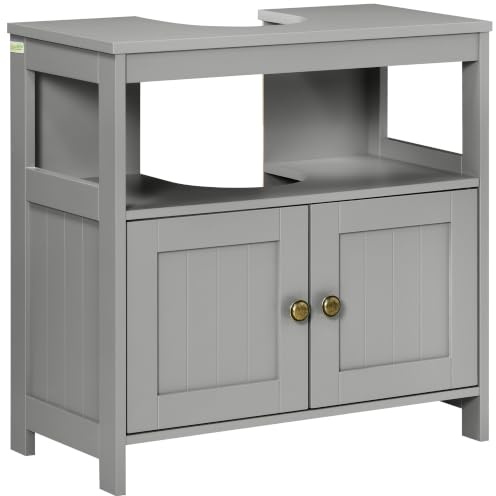 kleankin Pedestal Under Sink Cabinet Bathroom Double Doors Light Grey | Modern Vanity Storage Unit, Shelves