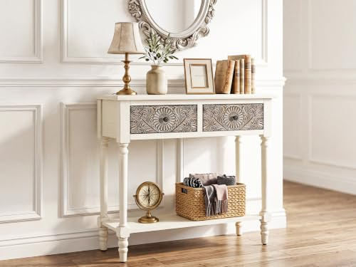 COSIEST Console Table with 2 Drawers, MDF Narrow Entryway Table with Storage Shelf, Wood Accent Sofa Table for Living Room, Entrance, Hallway, Couch, Light Grey