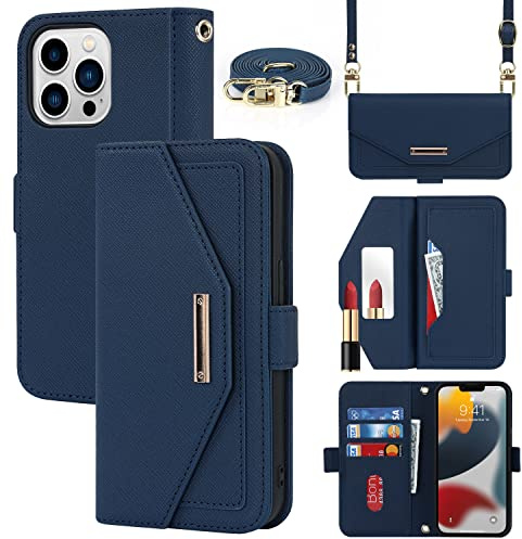 CAVOR Handykette Handyhülle kompatibel mit iPhone 13 Pro Max Hülle Mit Band,Flip Leder Geldbörse Handyhülle,[Spiegel][5 Kartenfach][Magnetisch],Klapphülle Handytasche zum umhängen - Blau