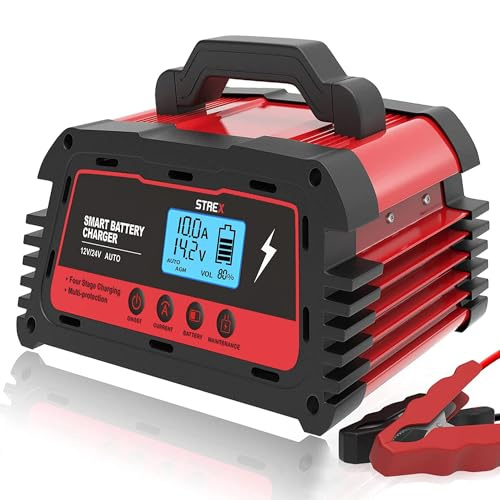 Strex Industrie Batterieladegerät - 12/24V 5/10/25A - Reparaturmodus - Tropf-Ladegerät - Batterieladegerät für Auto/Motorrad/Roller/Boot/Wohnmobil