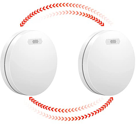 XINDUM Wireless Interlinked Smoke Alarm for Home 2 Pack Interlinked Wireless Smoke Detector with 10 Year Battery, Mute Function, Small White 85dB Fire Alarm for Fire Warning