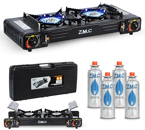 Z.M.C PREMIUM Camping Gaskocher 2-flammig + 4 Gaskartuschen 227g, Campingkocher mit Zündsicherung für Outdoor und Innenraum, Doppelgaskocher mit Piezozündung