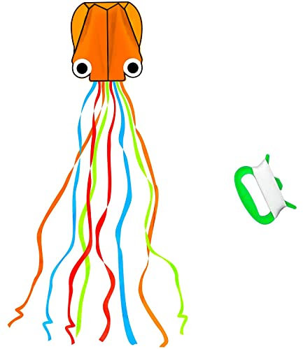 Large Octopus Kites-1 Pcs Rainbow Mollusc Flying Octopus Kite for Kids and Adults,kites for adults Beach and Summer Outdoor Toy with 100 meters Flying Line and Spool, Nylon Kite for Beginners(Orange)