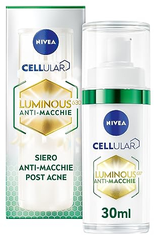 NIVEA Cellular Luminous630 Siero Anti-Macchie Post Acne 30 ml, Siero viso anti-macchie post acne, Siero viso pelle grassa con Acido Ialuronico, Acido Salicilico viso e Tè Verde