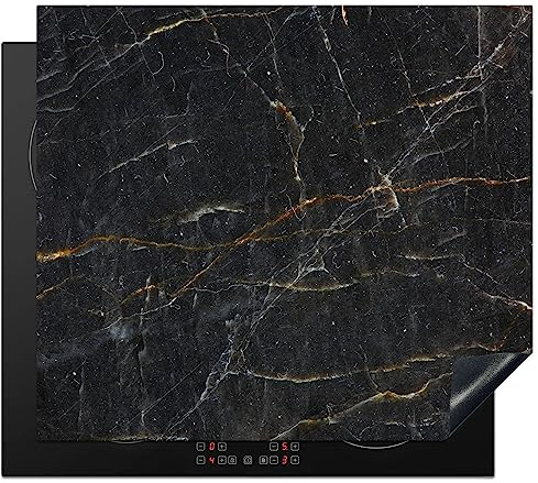 KitchenYeah© Herdabdeckplatte Einteilig Küche Herdabdeckung Induktionsfeld | 58x51 cm - Ceranfeld Herdabdeckplatten Vinyl Matte Aufrollbar Marmor - Schwarz - Gold - Grau - Design