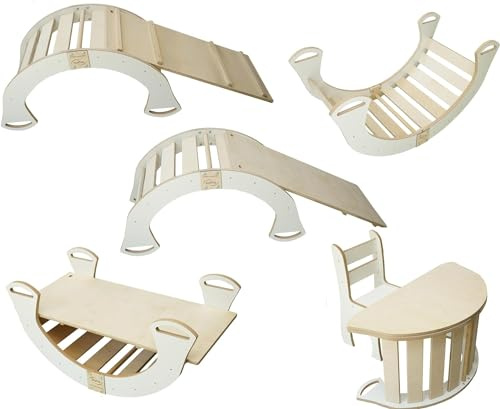 Kletterbogen Bogenwippe Holzwippe Montessori Spielzeug Baby Kinder 5in1 Kletterbogen Rutsche Kletterwand Balanceboard Indoor Bogenwippe Holz Klettergerüst Wippe Holz Kletterdreieck Kinderzimmer Groß